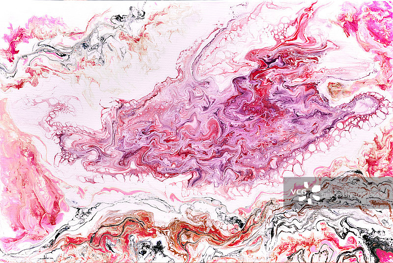 抽象彩色流体艺术丙烯颜料背景。粉色、红色和黑色在白色上图片素材