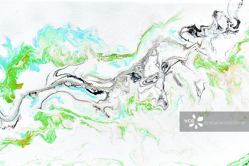抽象彩色背景纹理流体艺术丙烯颜料。石灰绿色、黑色和蓝绿色在白色上图片素材