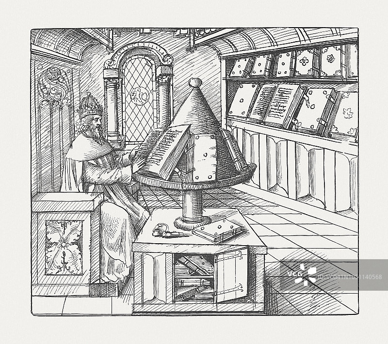 15世纪图书馆与抄写室（1885年木刻版画）图片素材