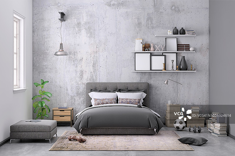 现代卧室内部与空白墙的复制空间图片素材