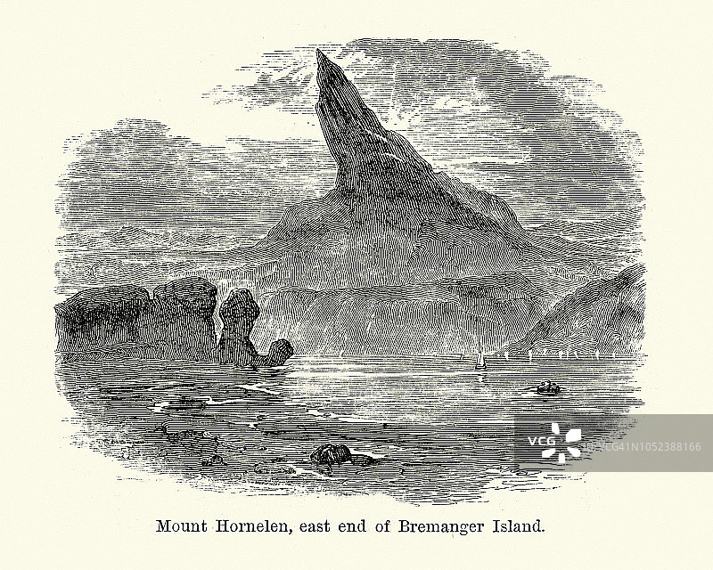 霍尔内伦山，挪威布雷曼格岛，19世纪图片素材