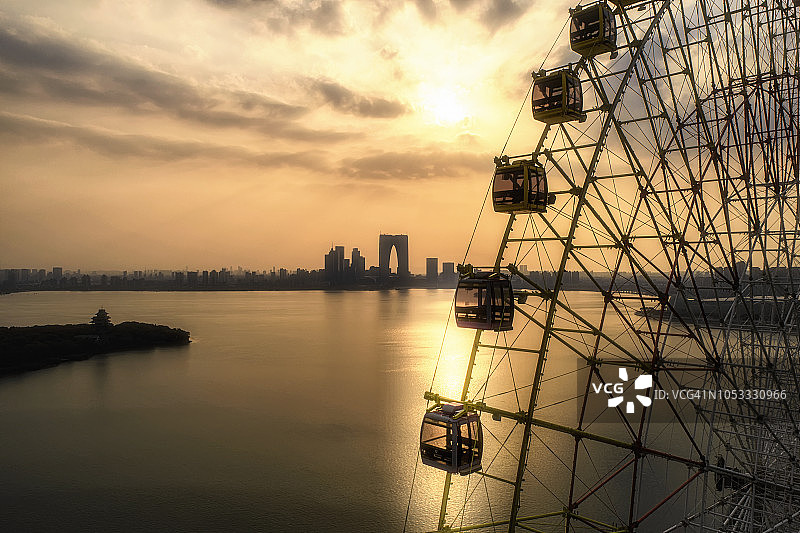 苏州金鸡湖黄昏航拍图图片素材