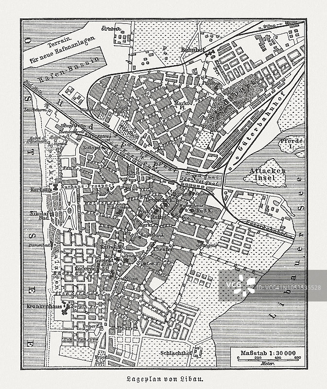 拉脱维亚利耶帕亚（德国：利鲍）城市地图，1897年木刻版图片素材