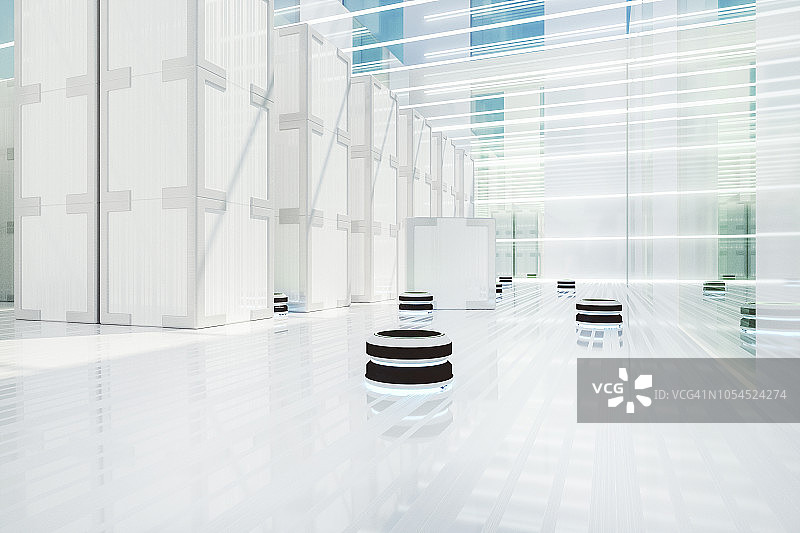 未来配送仓库中的自动化机器人搬运车图片素材