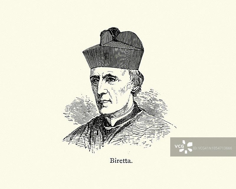 戴着比雷塔帽的神职人员，19世纪图片素材