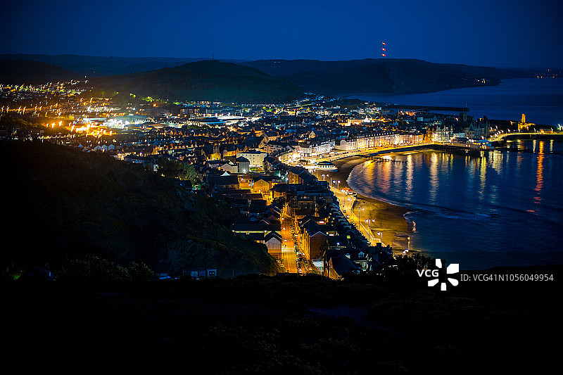 夏日夜晚威尔士阿伯里斯特威斯灯火鸟瞰图图片素材
