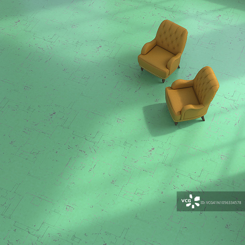 3D渲染：绿色地板上的两把扶手椅图片素材