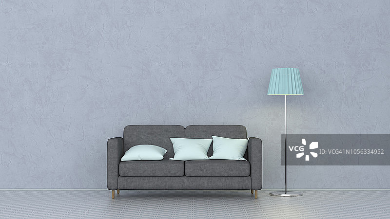 3D渲染：带靠垫的沙发和落地灯图片素材