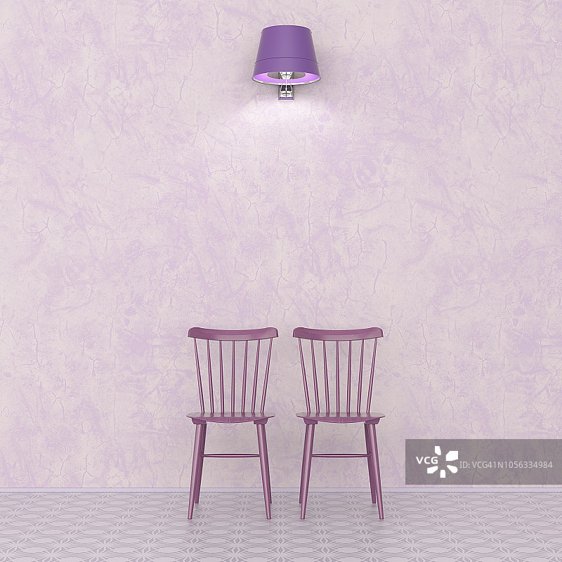 墙前两把椅子的3D渲染，由壁灯照亮图片素材