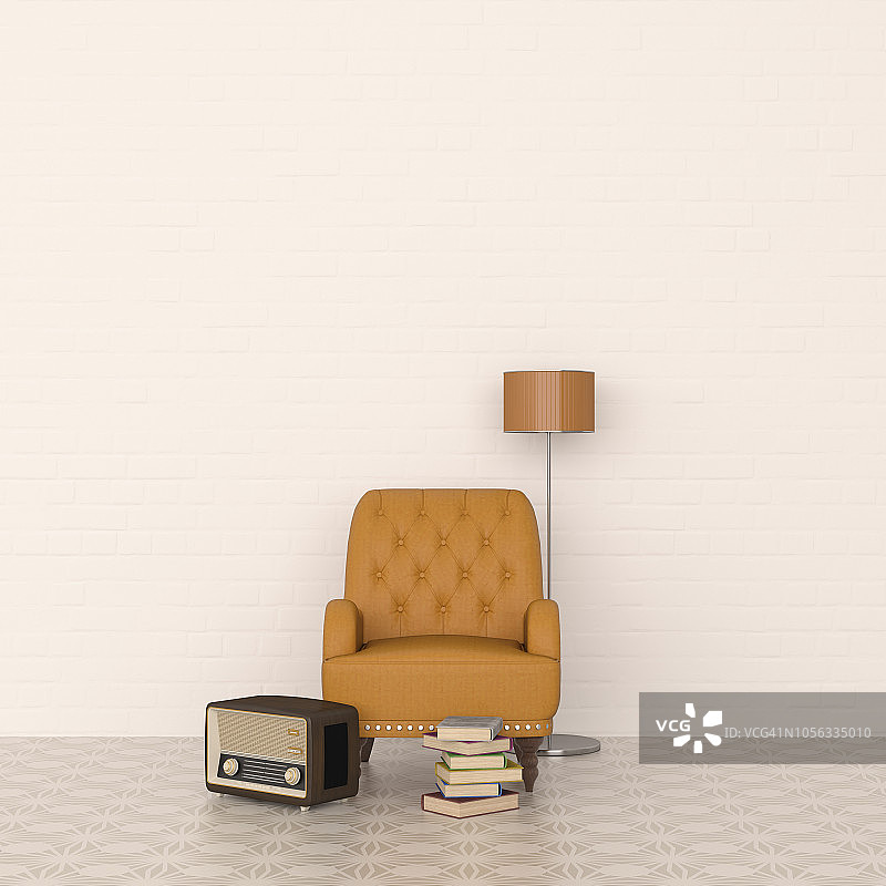 3D渲染：皮革扶手椅、落地灯、收音机和书籍图片素材