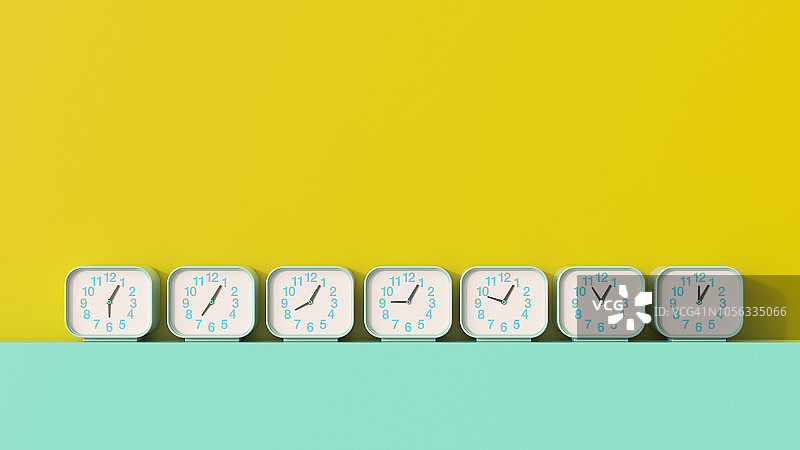 3D渲染：一排显示不同时间的闹钟图片素材