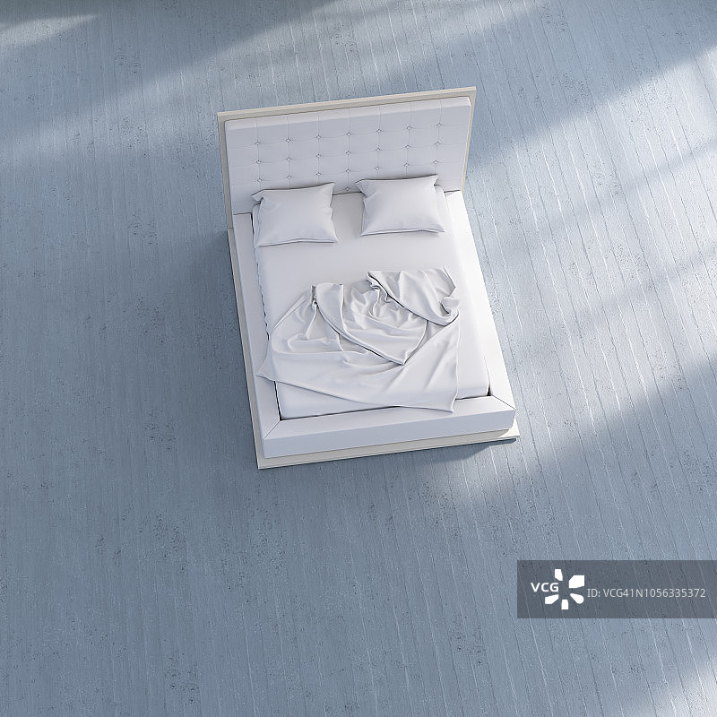 蓝色水泥地上带旧床上用品的床的3D渲染图片素材