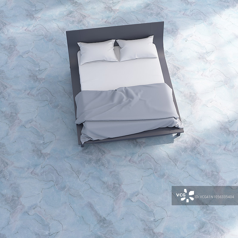 3D渲染：蓝色大理石地面上的床铺和床上用品图片素材