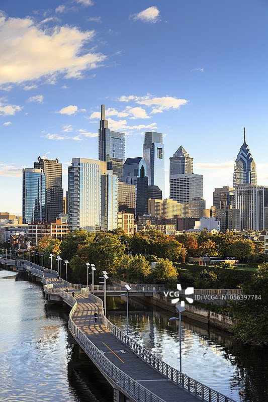 秋季斯库尔基尔河木板路与费城天际线鸟瞰图图片素材