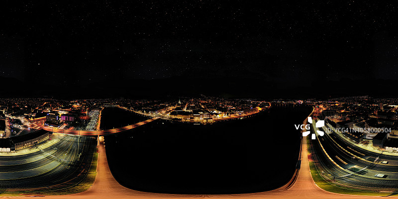 挪威德拉门市夜景360度航拍图片素材