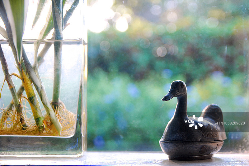 木雕鸭子和花瓶特写图片素材