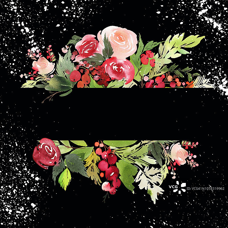 圣诞节水彩卡片与云杉和浆果图片素材