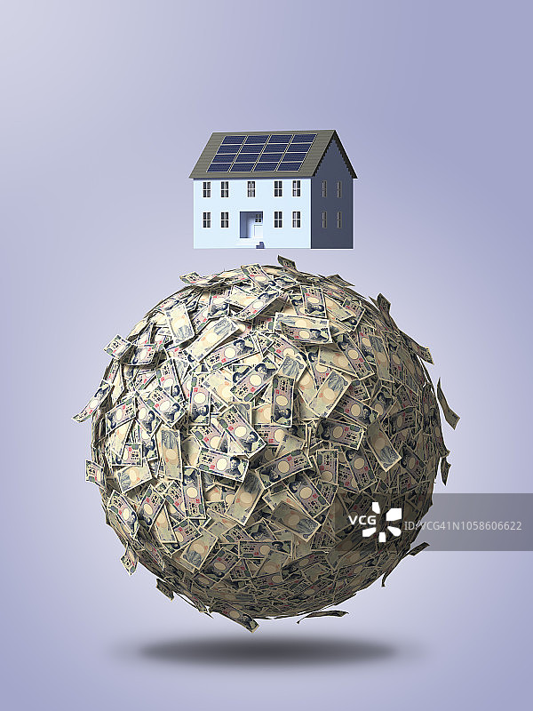半空中的钱球与房屋。（日元）图片素材
