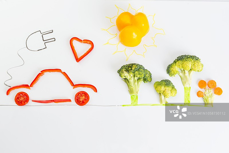 蔬菜制作的电动汽车标志图片素材