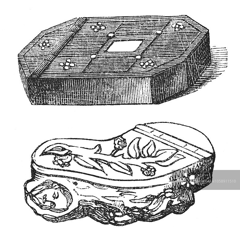 莎士比亚的桑树木和苏格兰古董鼻烟盒（17和18世纪）图片素材