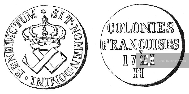 路易十五路易斯安那法国殖民地九丹尼尔美国硬币（1721年）图片素材