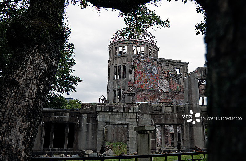 透过松树叶看到的广岛圆顶，广岛原子弹爆炸遗址，现为和平纪念碑图片素材