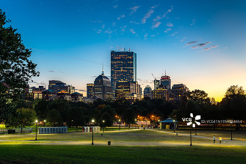 美国马萨诸塞州波士顿公共花园山上的后湾天际线日落图片素材
