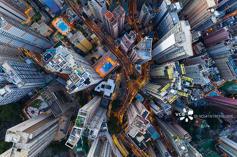 香港夜景航拍，道路和交通图片素材