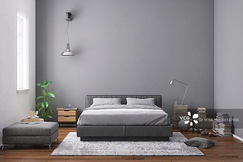 现代卧室内部与空白墙的复制空间图片素材
