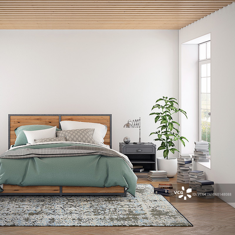 现代卧室内部与空白墙的复制空间图片素材
