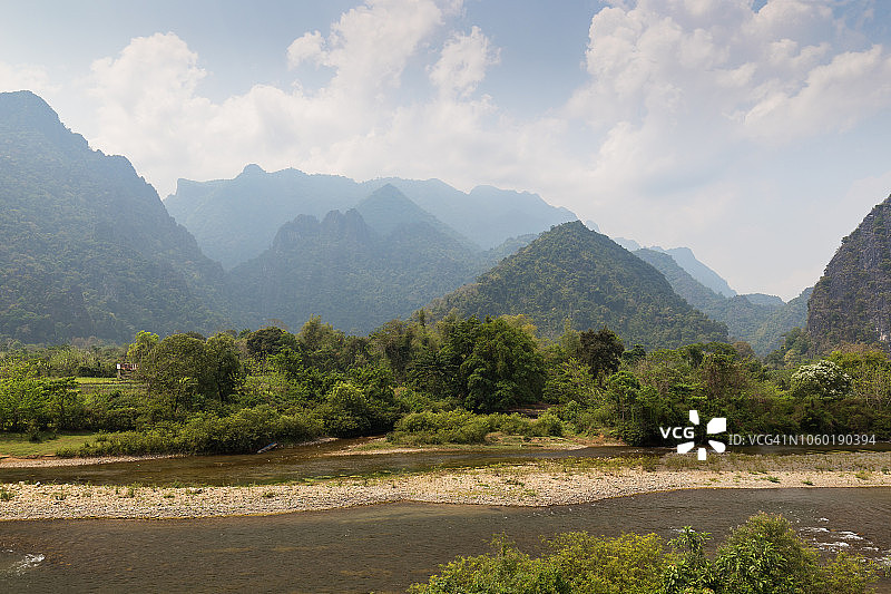 老挝万荣南松河石灰岩山晴天风光图片素材