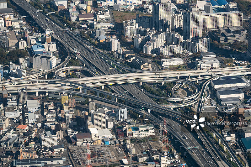 日本大阪府东大阪市阪神高速公路与近畿高速公路的互换立交桥航拍图片素材