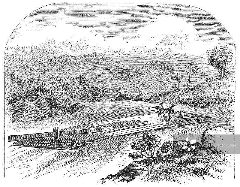 美国缅因州彭obscot河上的木材漂流（19世纪）图片素材