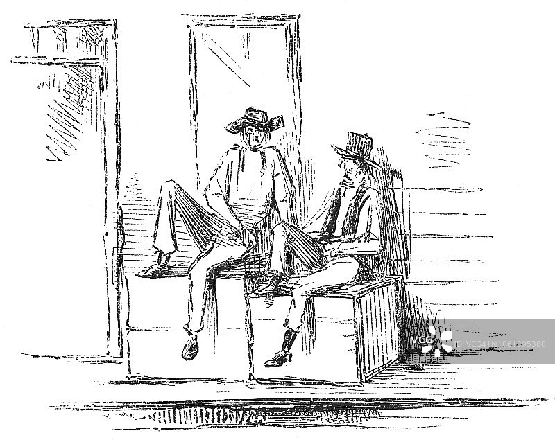 19世纪建筑外两个男人的绘画作品图片素材