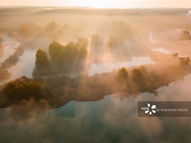 晨雾中的森林湖泊航拍照片图片素材