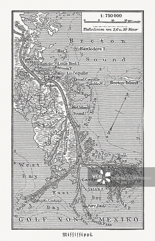 1897年路易斯安那州密西西比河口木刻版画图片素材