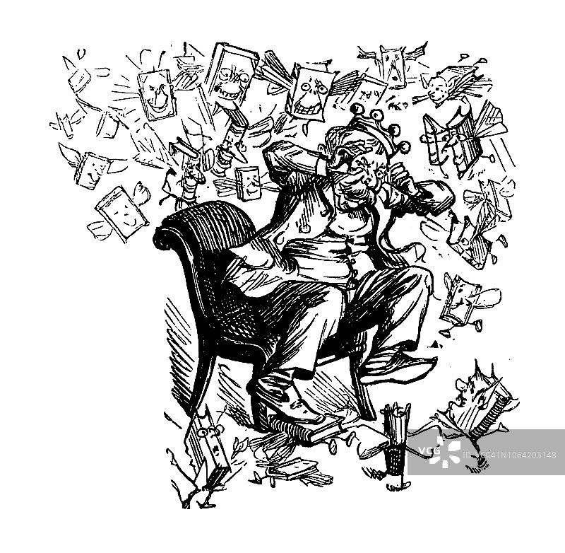 英国伦敦讽刺漫画：国王与飞行书籍图片素材