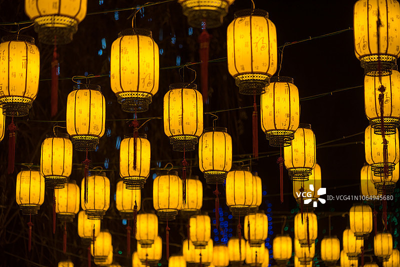 悬挂在树上的黄色中式灯笼图片素材