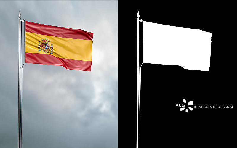 在多云天空下，西班牙国旗在旗杆上随风飘扬的 3D 插画（带 Alpha 通道）图片素材
