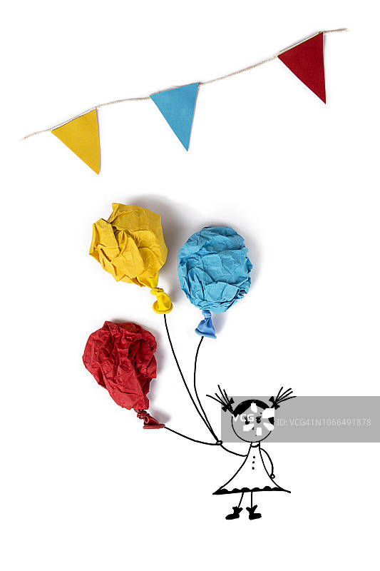 卡通女孩与彩色气球插画图片素材