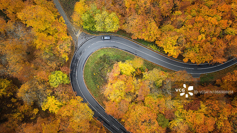 秋日森林公路航拍图片素材