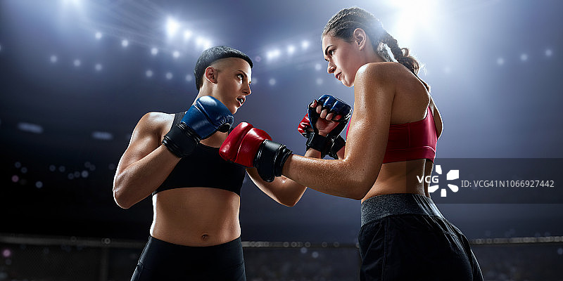 职业拳击擂台上的女子综合格斗选手图片素材