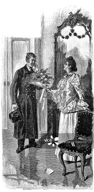 一位女士收到客人的鲜花 - 1896年图片素材