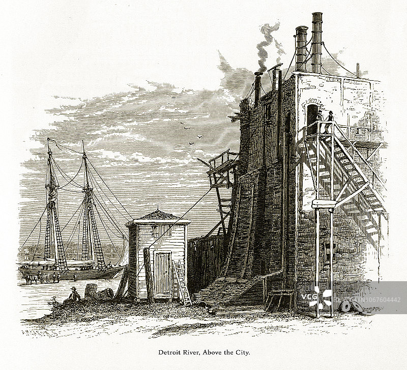 1872年美国维多利亚时代版画：密歇根州底特律市上方的底特律河图片素材