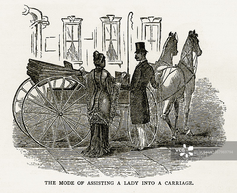 1879年维多利亚时代版画：绅士协助女士上马车图片素材