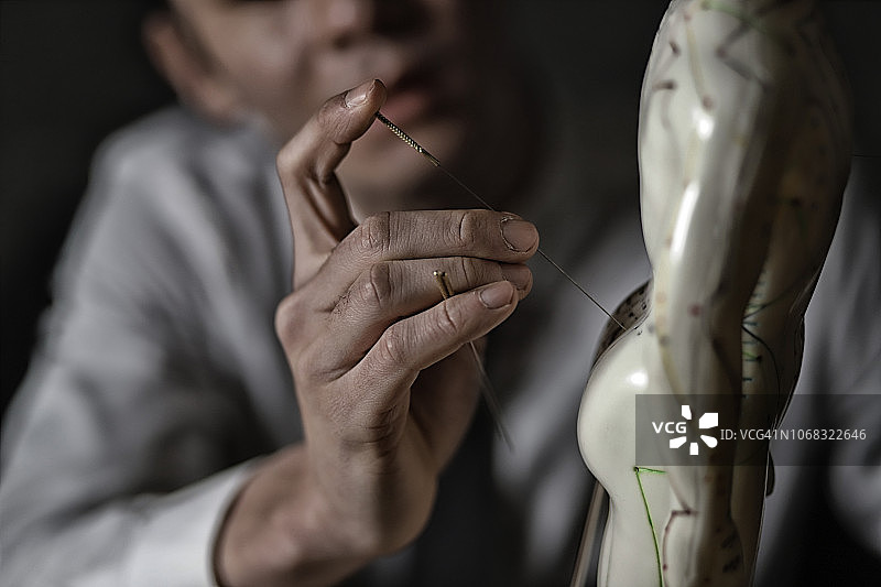 东方医生在针灸模型上施针特写图片素材