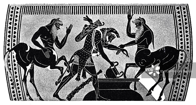 赫拉克勒斯从半人马的酒桶中舀酒图片素材