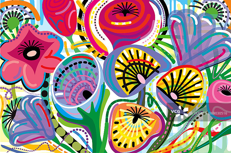 鲜艳色彩插画的盛开花朵花束图片素材