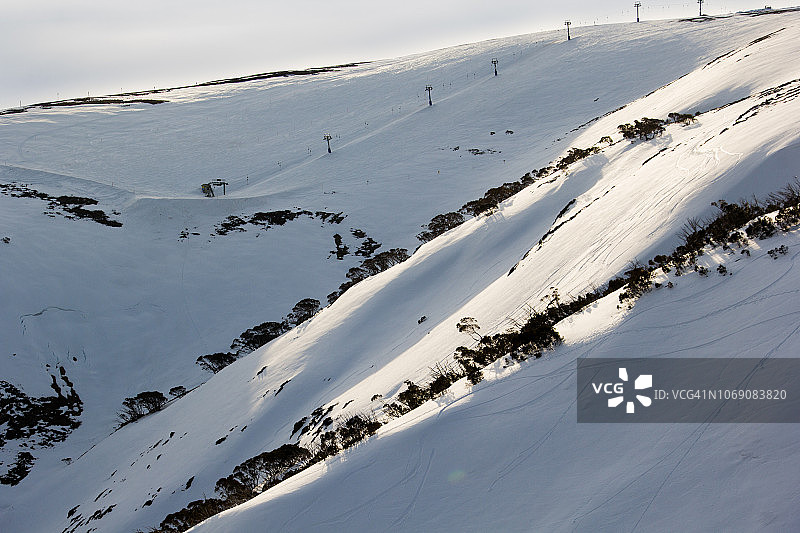澳大利亚雪山，展示缆车和滑雪道图片素材