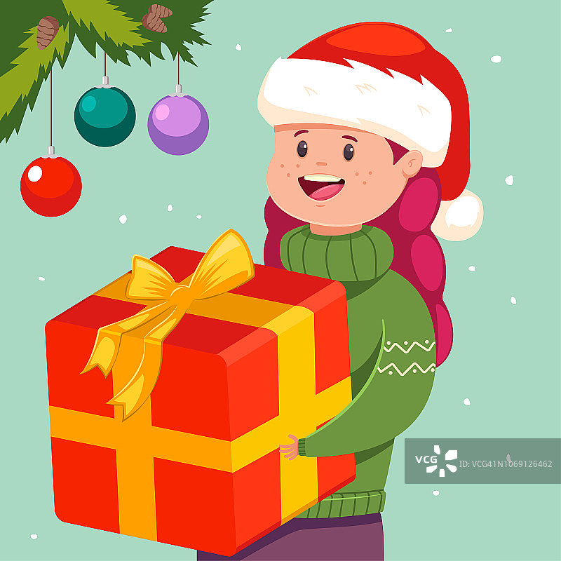 戴着圣诞帽，拿着圣诞礼物的可爱女孩，矢量节日插画图片素材